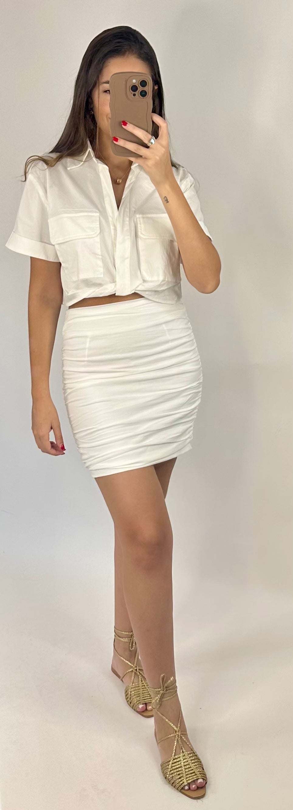 WHITE RUCHED SKIRT SET
